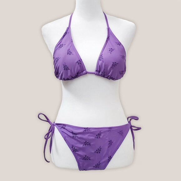 Xhilaration Purple Floral String Bikini | Tie Two Piece Swimsuit - Picture 1 of 6